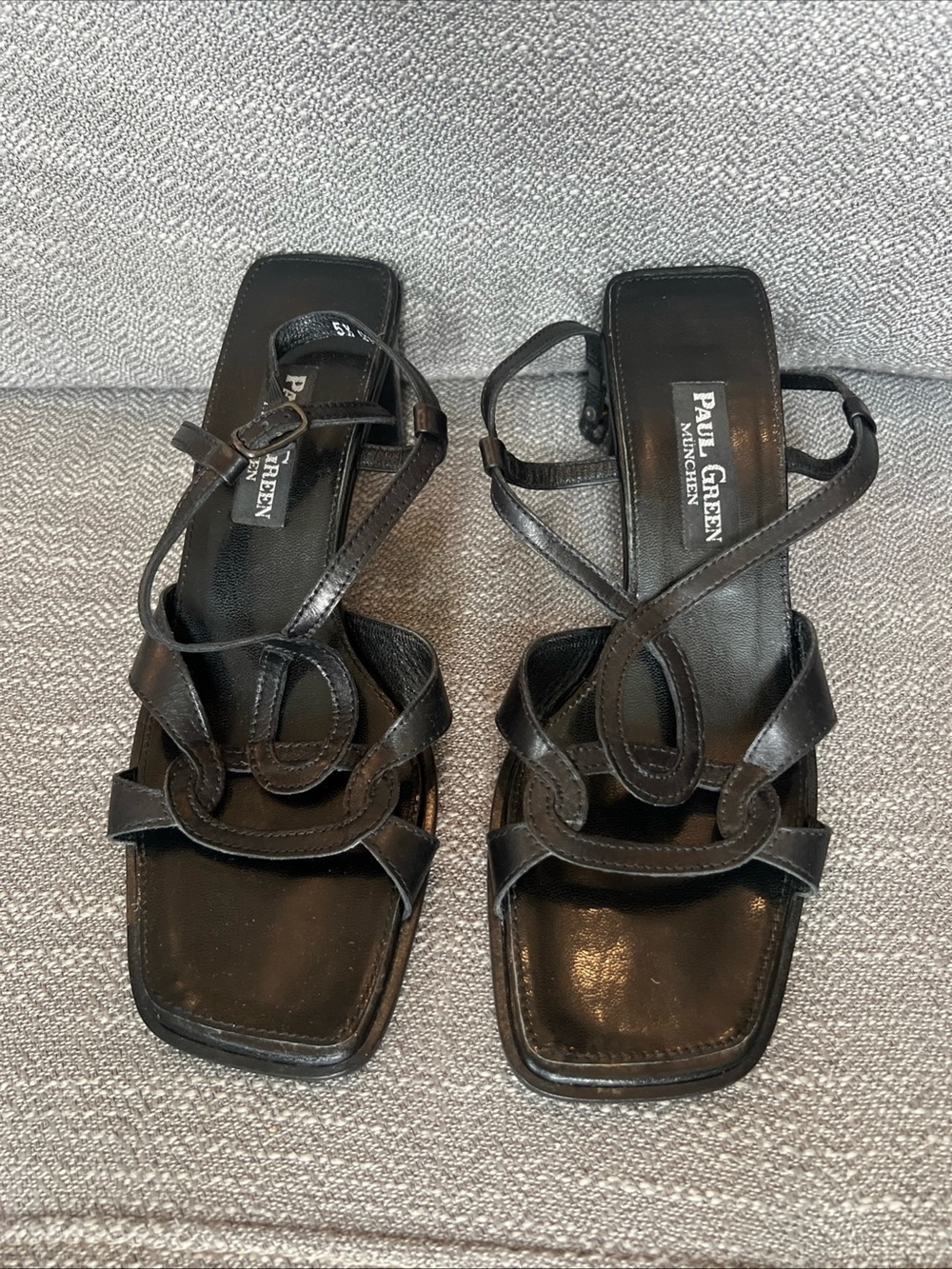 Paul Green Black Leather Strappy Square-Toe Heels European 5.5